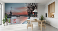 Seine and Eiffel Tower Silhouette wallpaper mural in a kitchen dining area with wood wishbone chairs