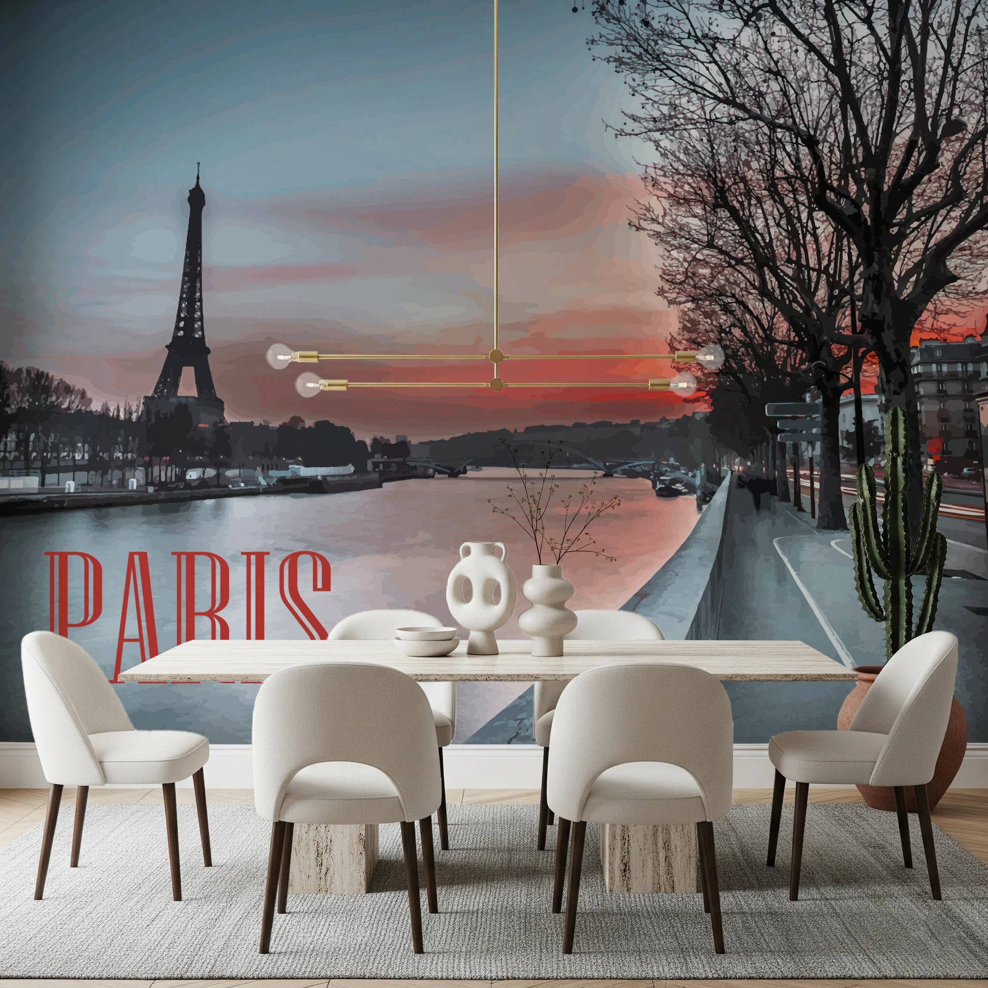 Seine and Eiffel Tower Silhouette wallpaper mural with red PARIS text above a dining table and white chairs