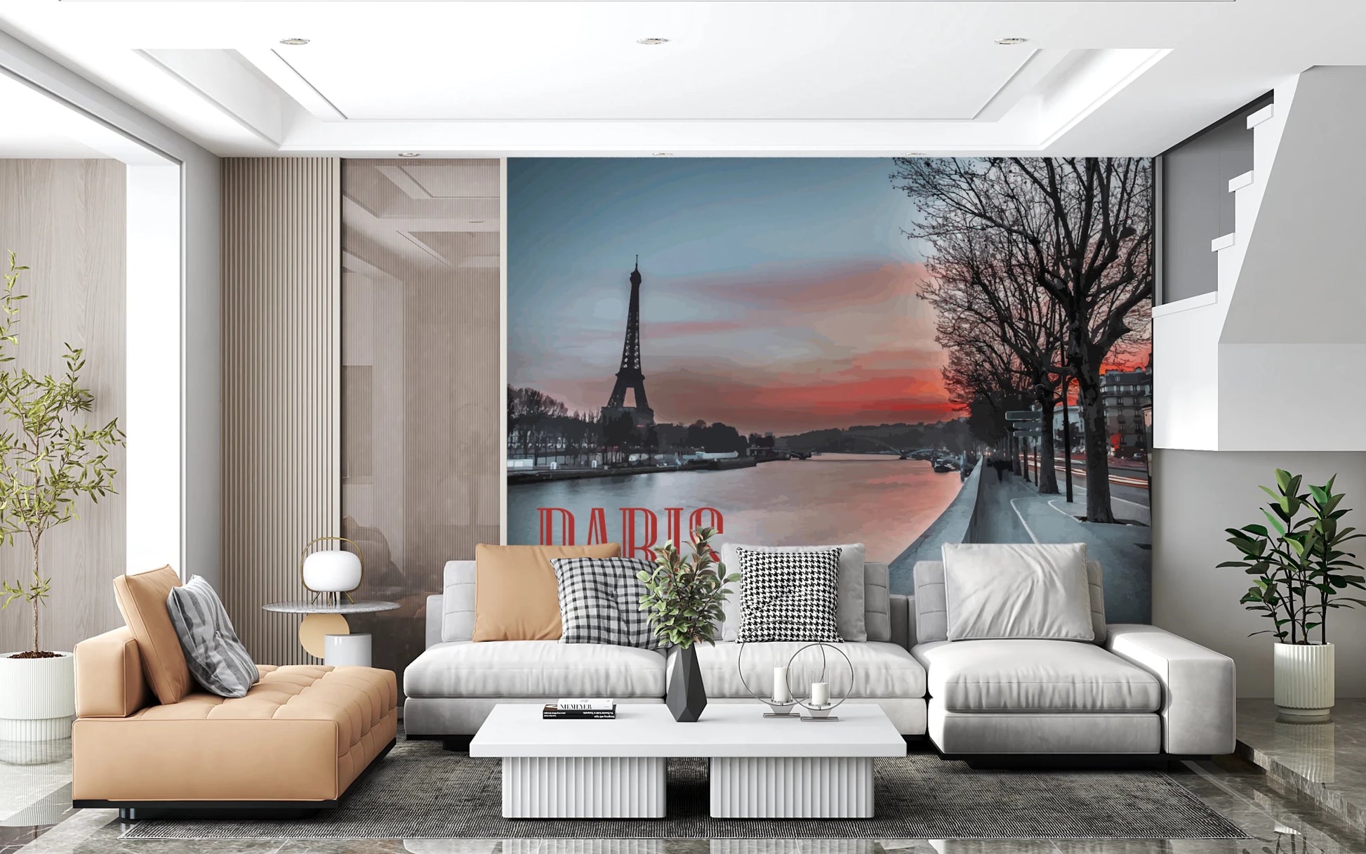 Seine and Eiffel Tower Silhouette wallpaper mural over the river behind tan and grey sofas in a living room