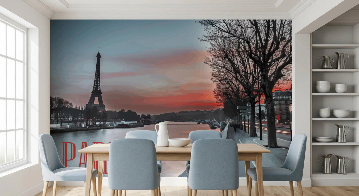Seine and Eiffel Tower Silhouette wallpaper mural with PARIS text above a dining table and blue chairs