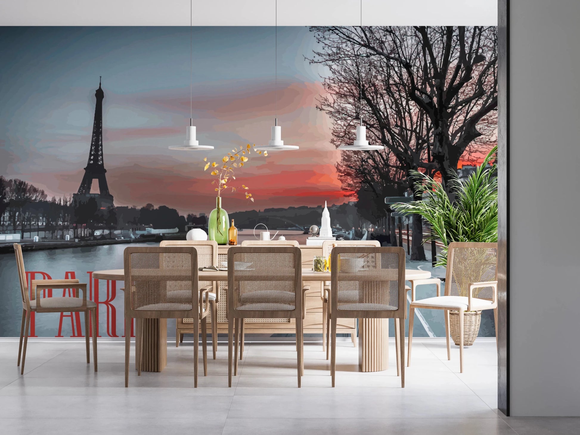 Seine and Eiffel Tower Silhouette wallpaper mural over the Seine above a wood table with cane chairs