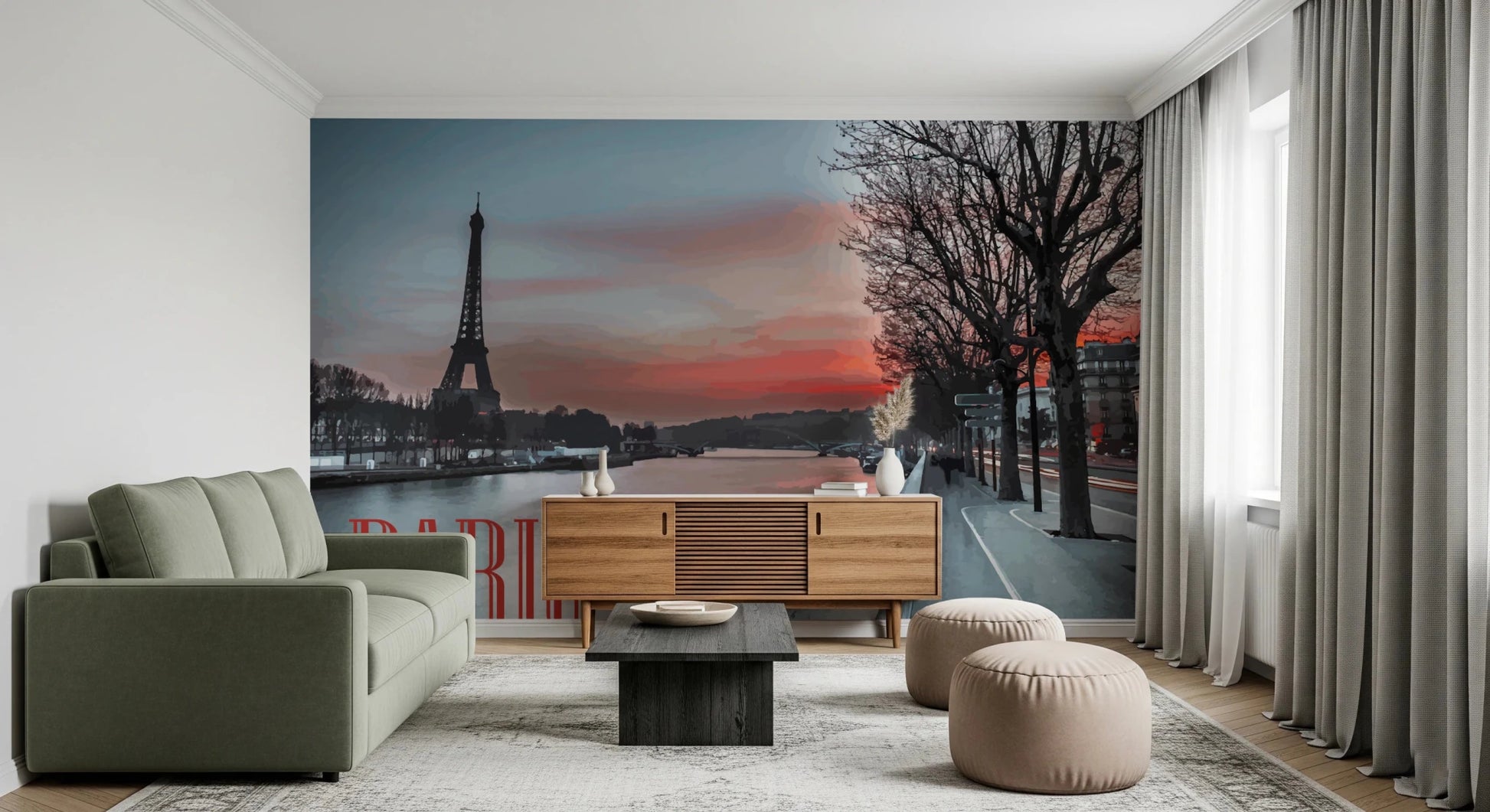 Seine and Eiffel Tower Silhouette wallpaper mural at sunset behind a green sofa with a wood sideboard