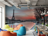 Seine and Eiffel Tower Silhouette wallpaper mural in a lounge office with colorful bean bag chairs