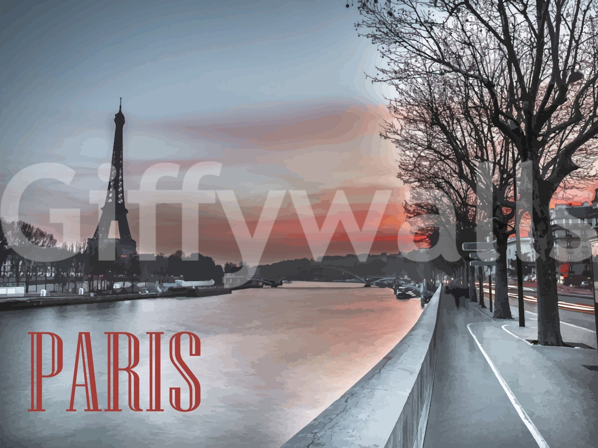 Seine and Eiffel Tower Silhouette wallpaper mural showing the tower over the river with red PARIS text at sunset