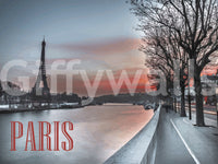Seine and Eiffel Tower Silhouette wallpaper mural showing the tower over the river with red PARIS text at sunset
