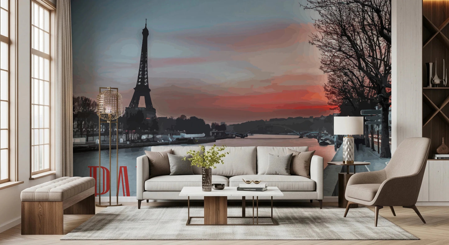 Seine and Eiffel Tower Silhouette wallpaper mural at sunset behind a cream sofa with a gold floor lamp