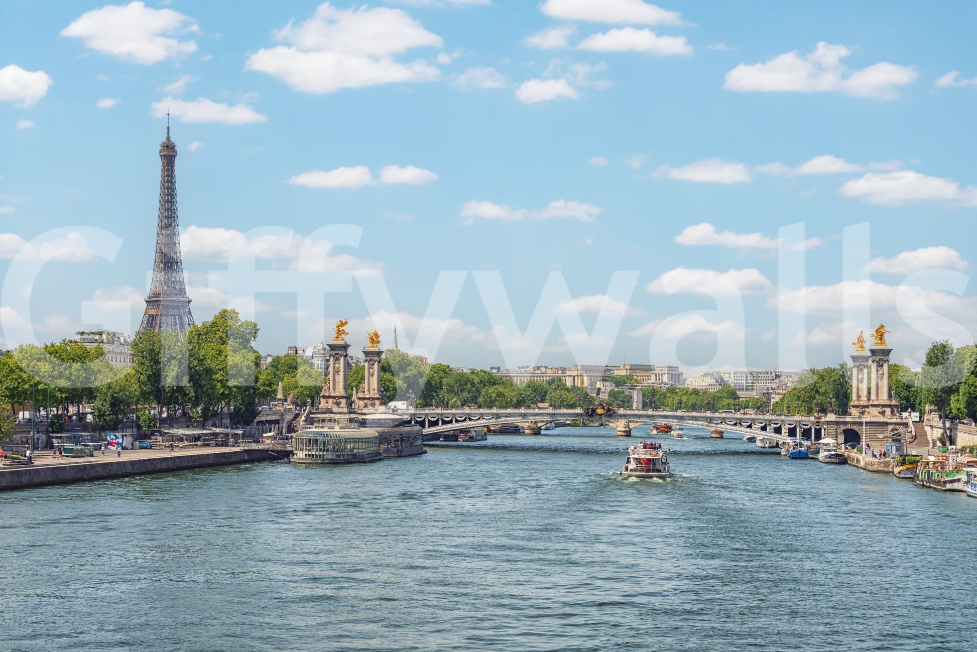 Seine Reflections wallpaper mural shown full-wall with the Eiffel Tower, Pont Alexandre III bridge and a boat on the Seine