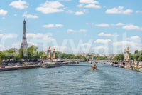 Seine Reflections wallpaper mural shown full-wall with the Eiffel Tower, Pont Alexandre III bridge and a boat on the Seine