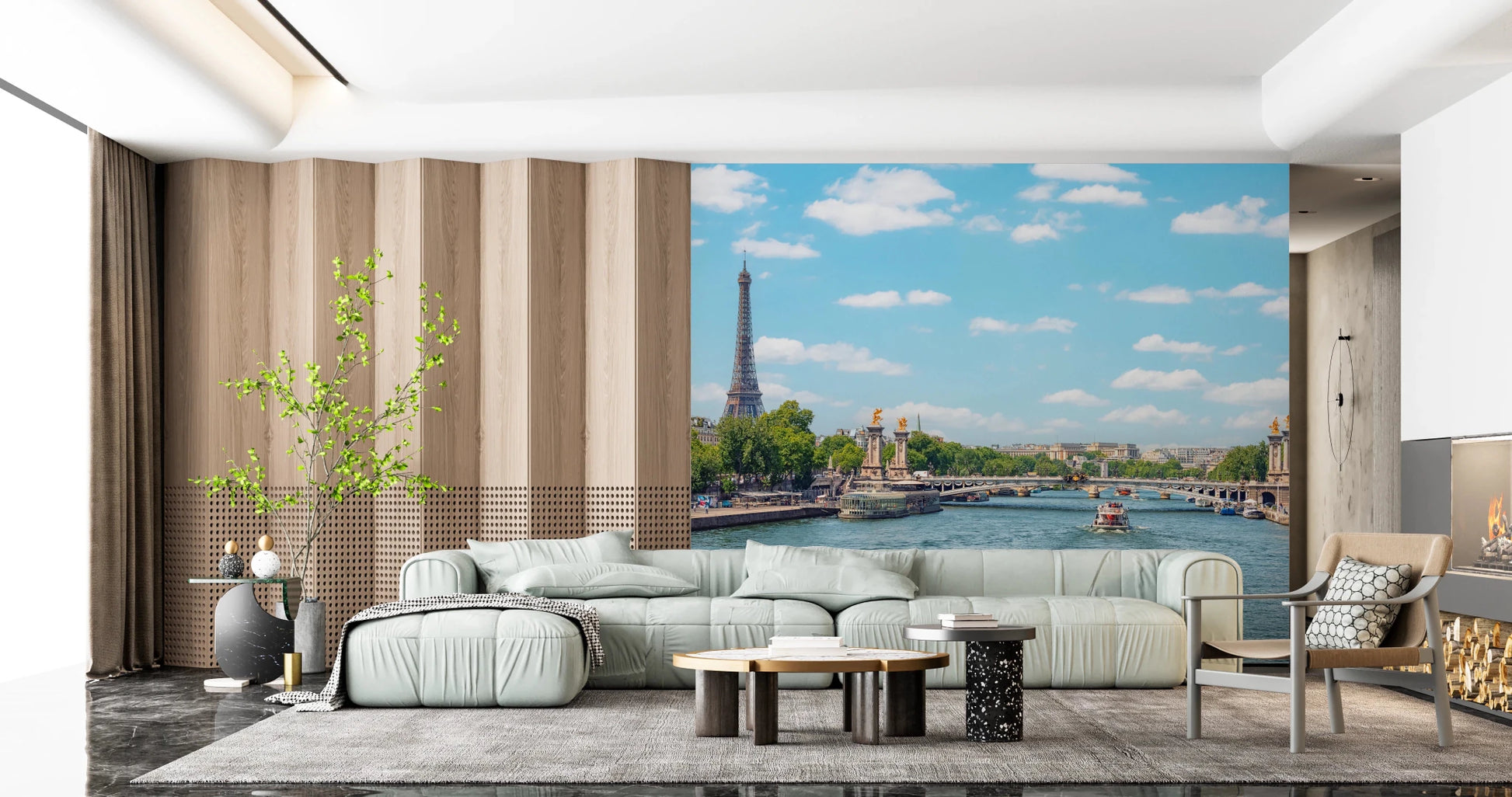 Seine Reflections wallpaper mural of the Seine and Paris behind a mint green sectional and slatted wood wall in a living room