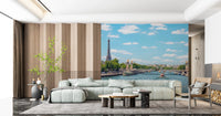 Seine Reflections wallpaper mural of the Seine and Paris behind a mint green sectional and slatted wood wall in a living room
