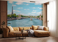 Seine Reflections wallpaper mural showing Paris and the Seine behind a camel sectional sofa and wood-panel wall in a living room