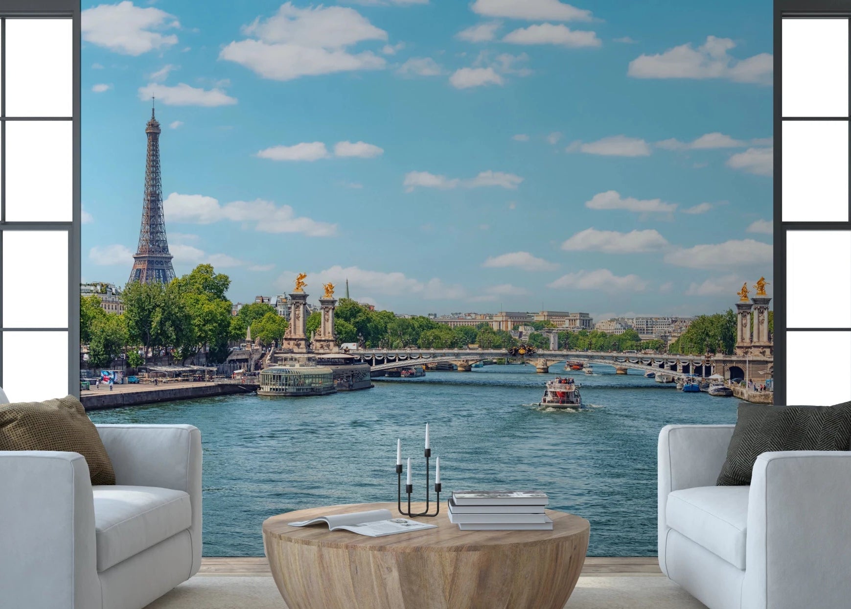 Seine Reflections wallpaper mural of the Eiffel Tower and river behind two white armchairs and a round wood table in a living room