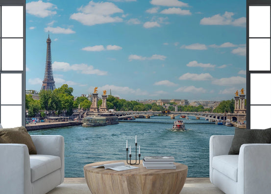 Seine Reflections wallpaper mural of the Eiffel Tower and river behind two white armchairs and a round wood table in a living room