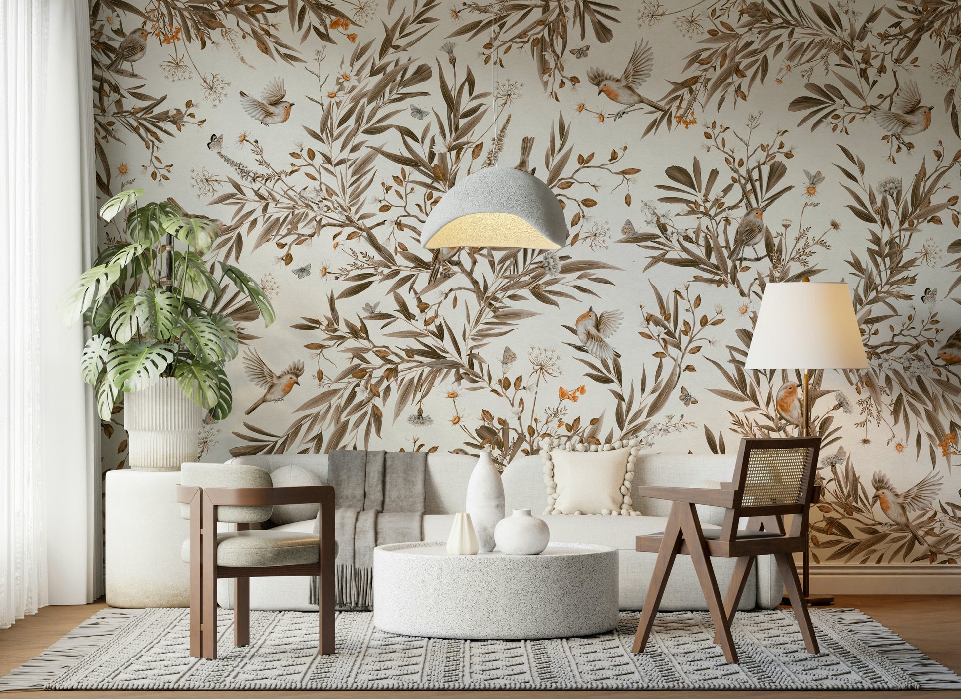 Artistic sepia mural of birds resting on floral branches, evoking timeless beauty