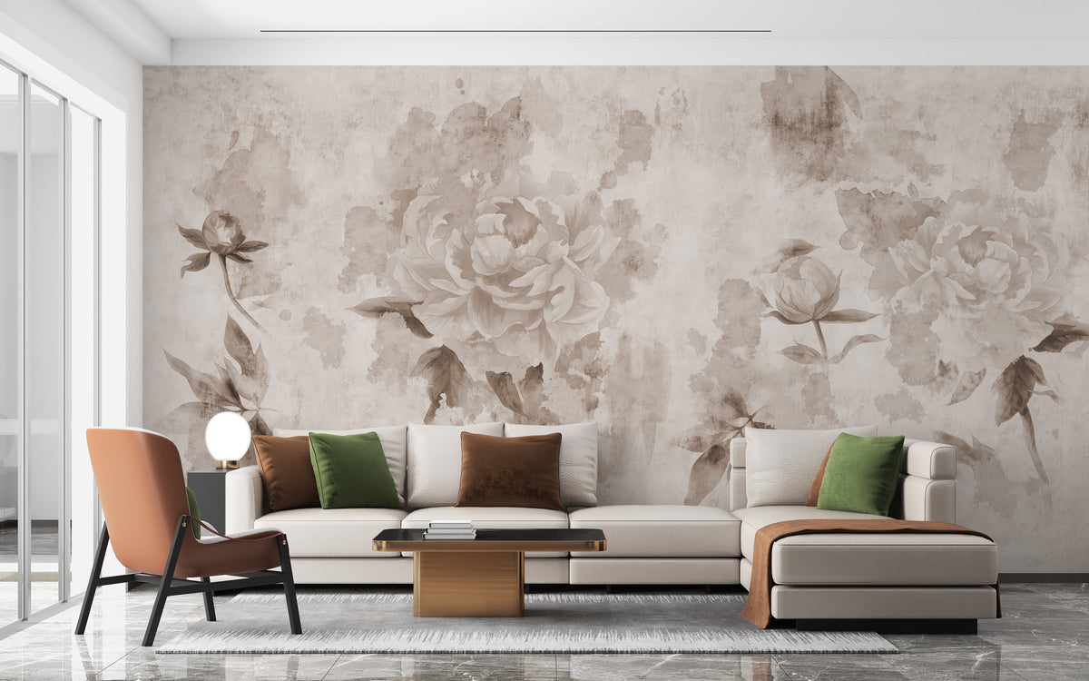 Sepia Color Peonies Flower wallpaper with beige blooms behind a cream sectional sofa and rust armchair