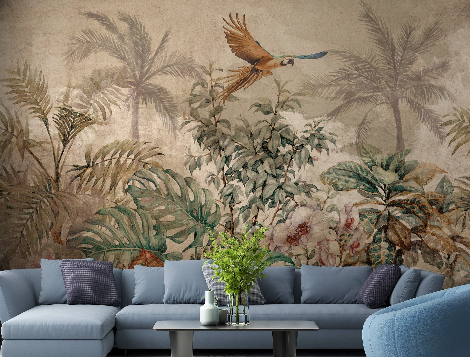 Sepia Colored Tropical Forest wallpaper mural shown as a full feature wall that highlights the design