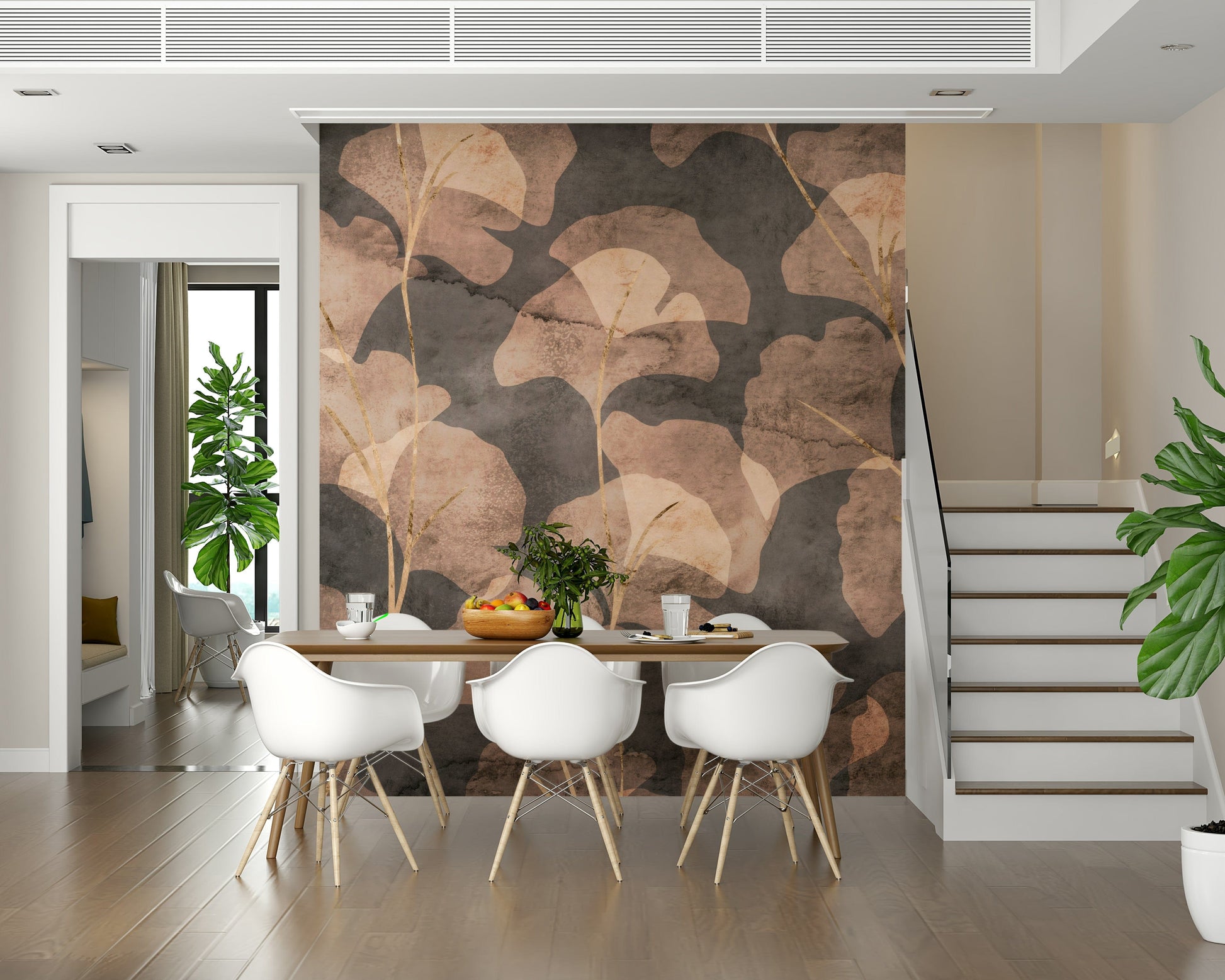 Rustic leaf silhouettes Midwinter Gingko Sepia wallpaper for walls.