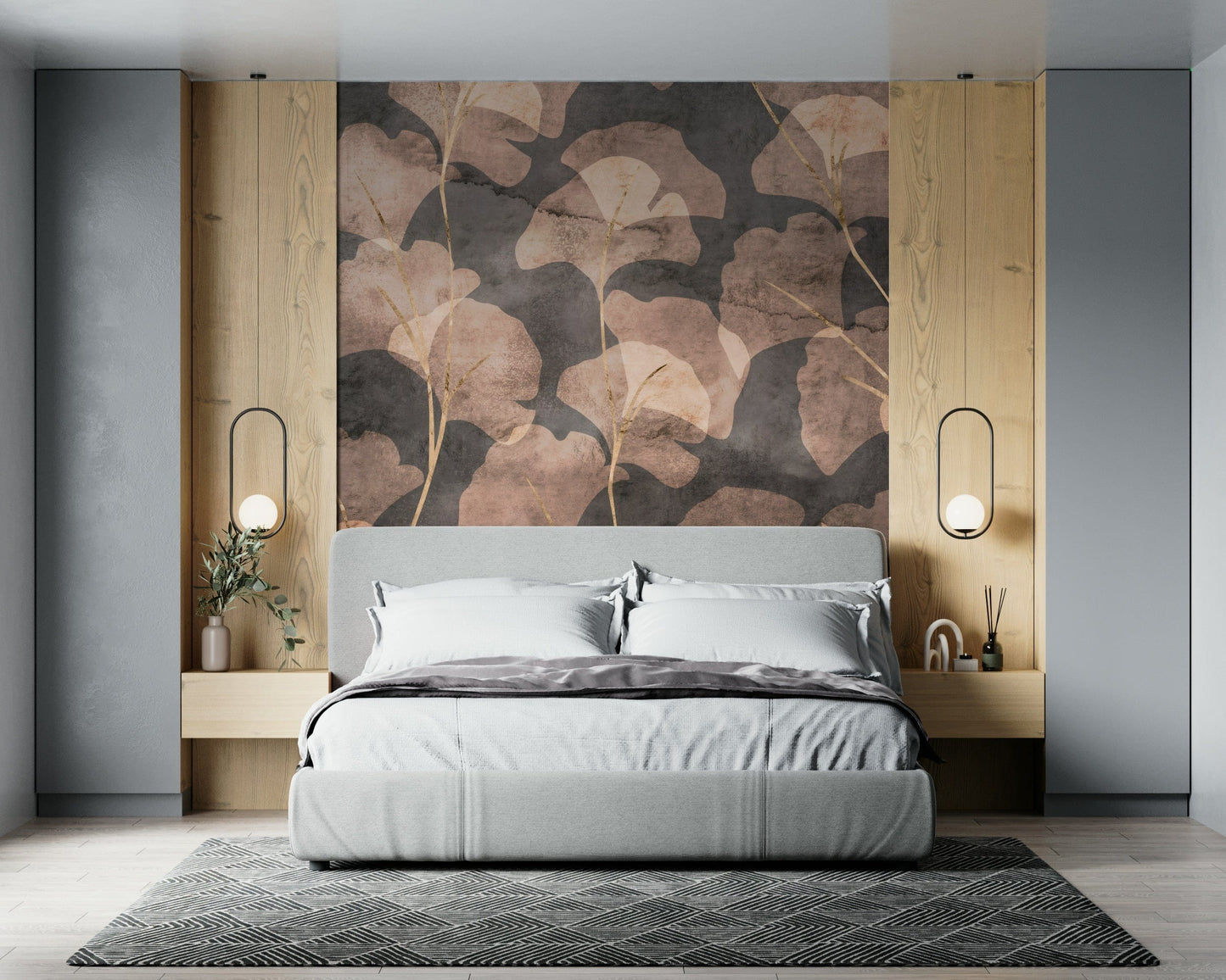 Sophisticated brown Midwinter Gingko Sepia wallpaper mural focal point.