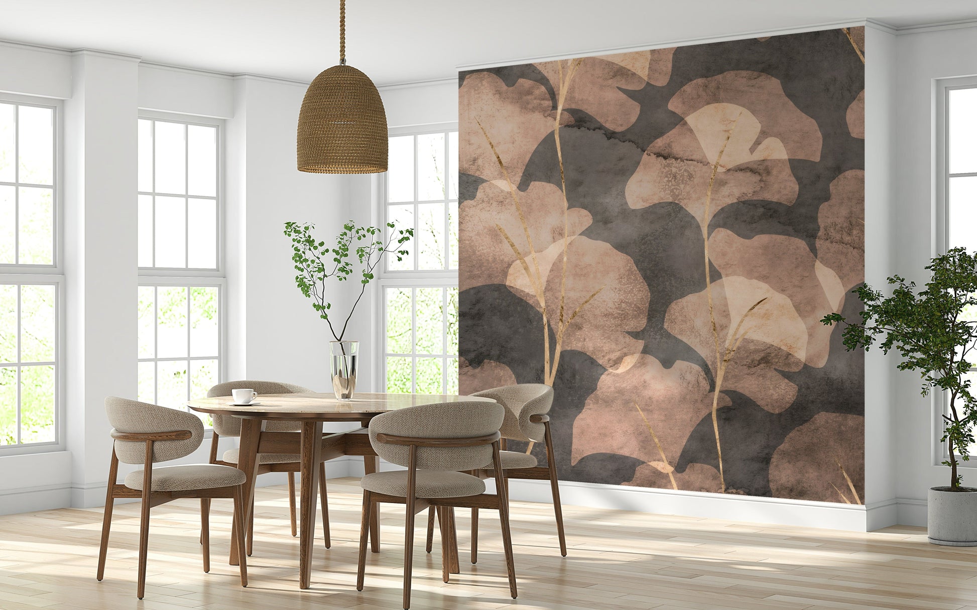 Traditional ginkgo leaf Midwinter Gingko Sepia wallpaper mural design.