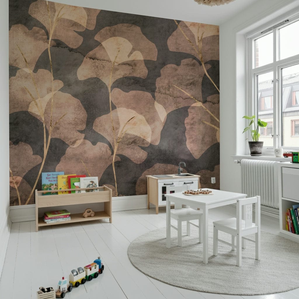 Earthy botanical wallpaper mural Midwinter Gingko Sepia interior decor.