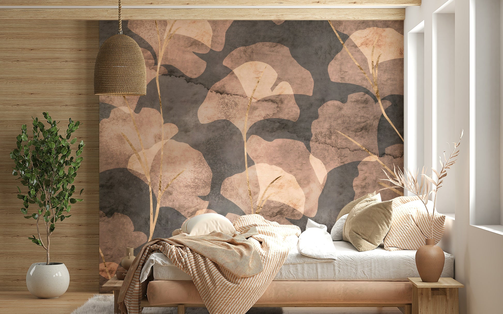 Midwinter Gingko Sepia wallpaper for walls featuring fan-shaped leaves.
