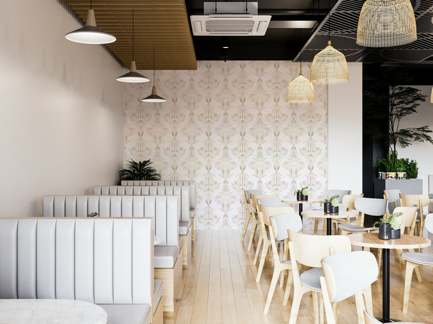 A peaceful tropical garden mural on decorative wallpaper.

