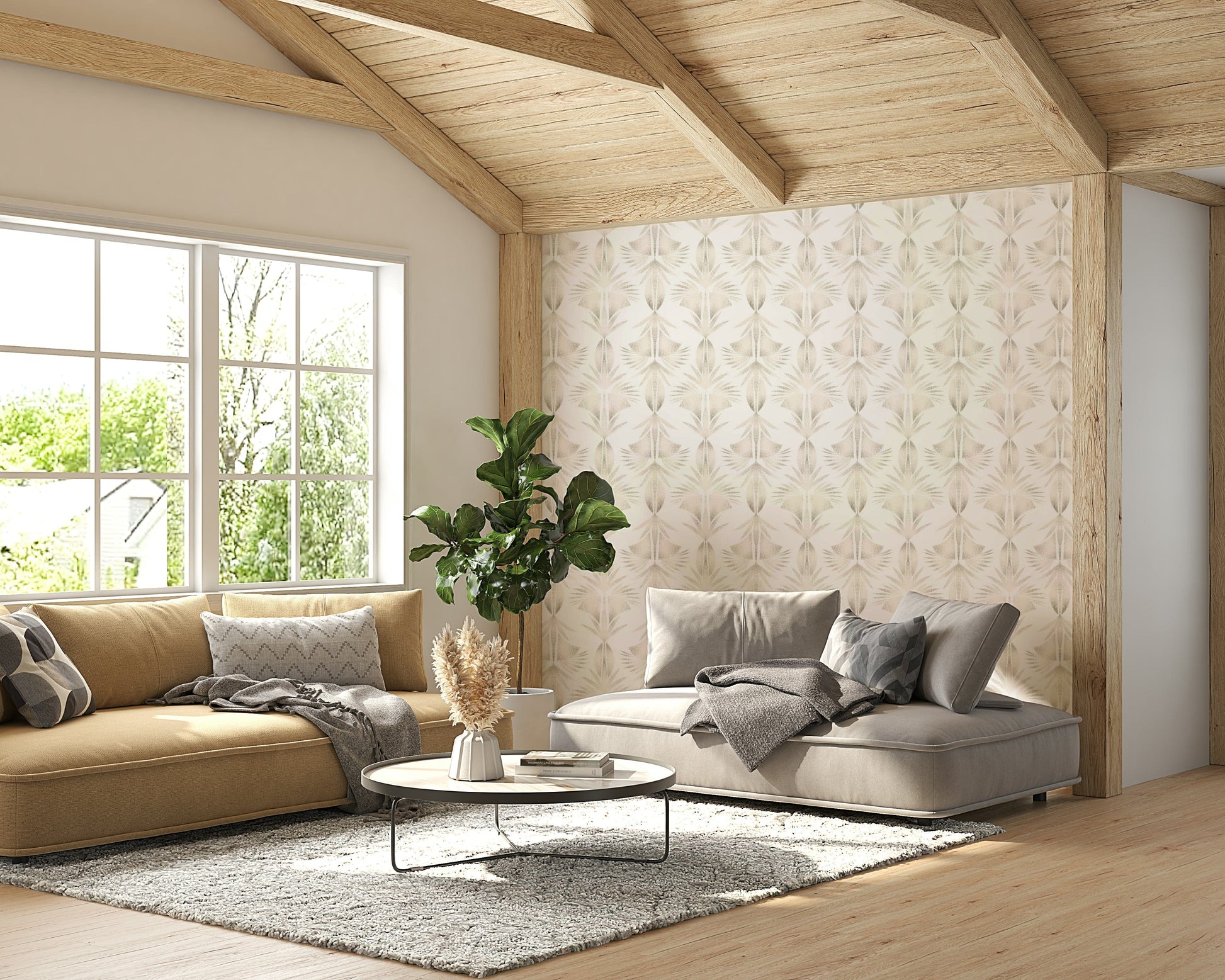 A graceful subtle leaf wall mural in cool, natural tones.

