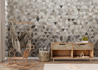 Sepia Triangle Tiles wallpaper mural styled along a hallway feature wall near a console in warm sepia tones
