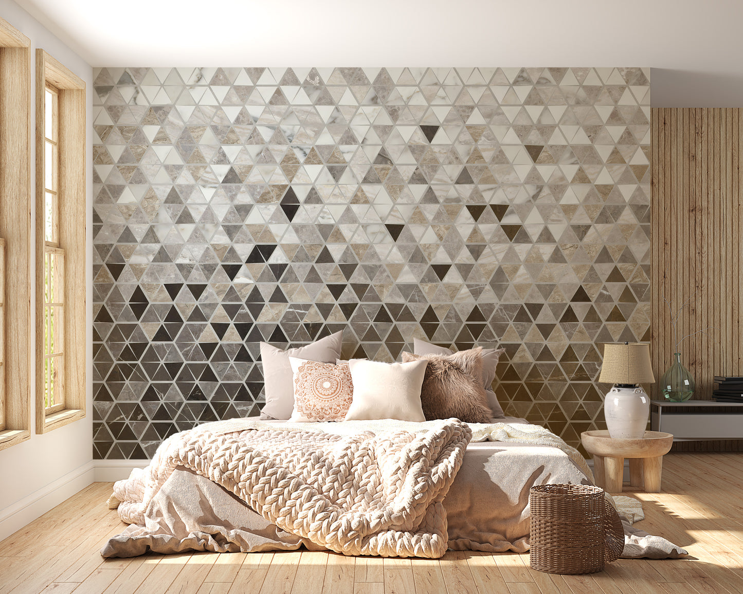 Sepia Triangle Tiles wallpaper mural as a feature wall in a home office workspace in warm sepia tones