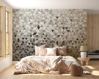 Sepia Triangle Tiles wallpaper mural as a feature wall in a home office workspace in warm sepia tones