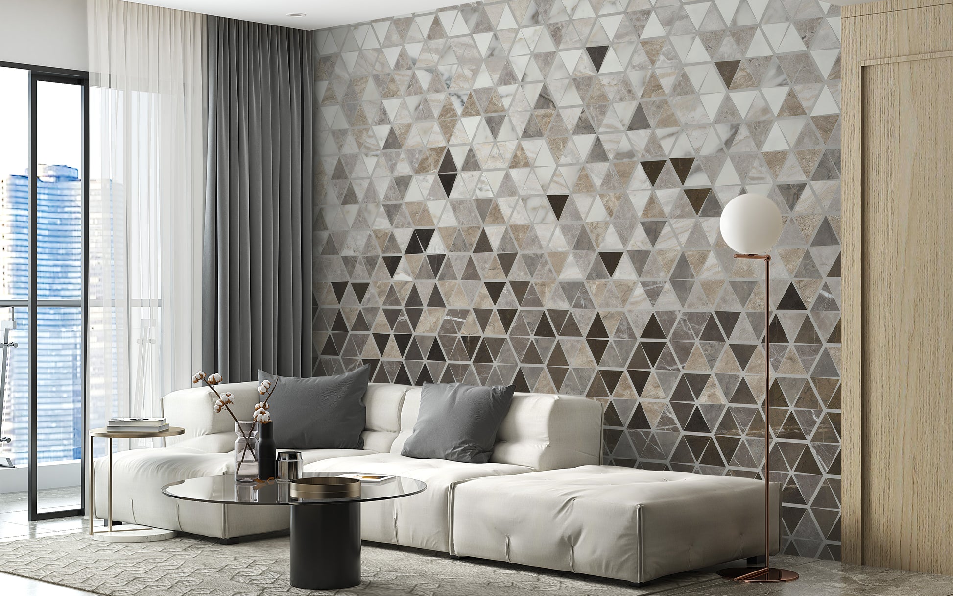 Sepia Triangle Tiles wallpaper mural styled as a feature wall behind a dining table and chairs in warm sepia tones