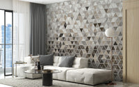 Sepia Triangle Tiles wallpaper mural styled as a feature wall behind a dining table and chairs in warm sepia tones
