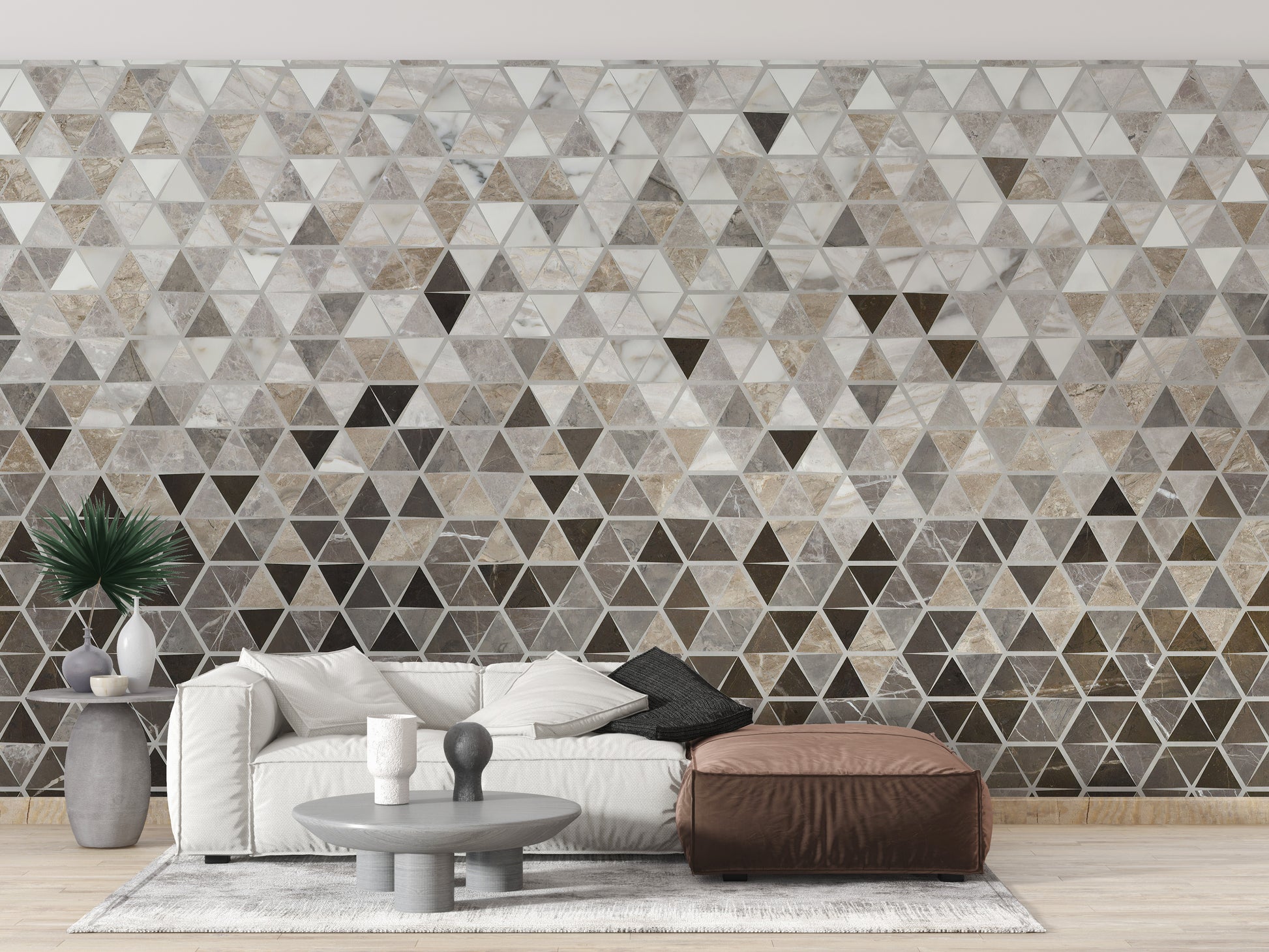 Sepia Triangle Tiles wallpaper mural as a bedroom feature wall behind the headboard in warm sepia tones
