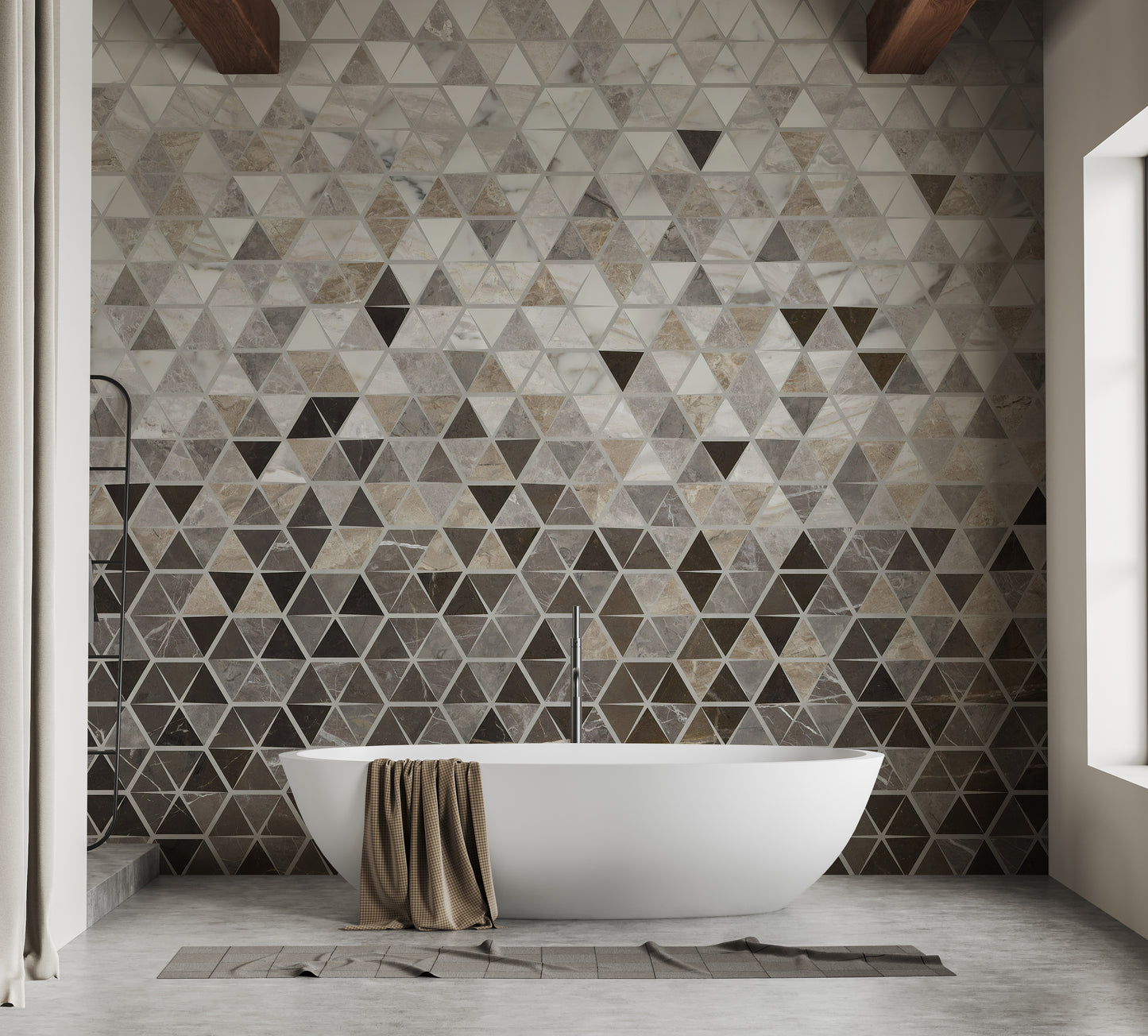 Sepia Triangle Tiles wallpaper mural shown as a full feature wall that highlights the design