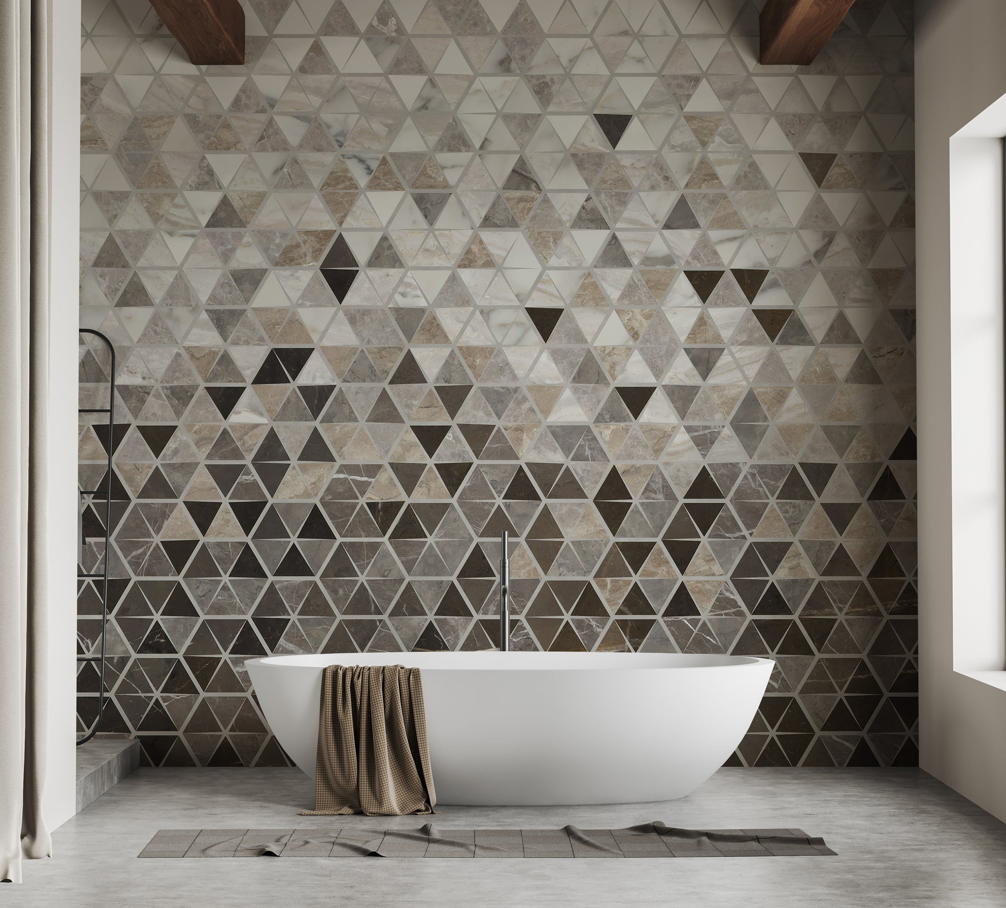 Sepia Triangle Tiles wallpaper mural shown as a full feature wall that highlights the design