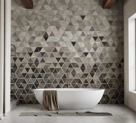 Sepia Triangle Tiles wallpaper mural shown as a full feature wall that highlights the design