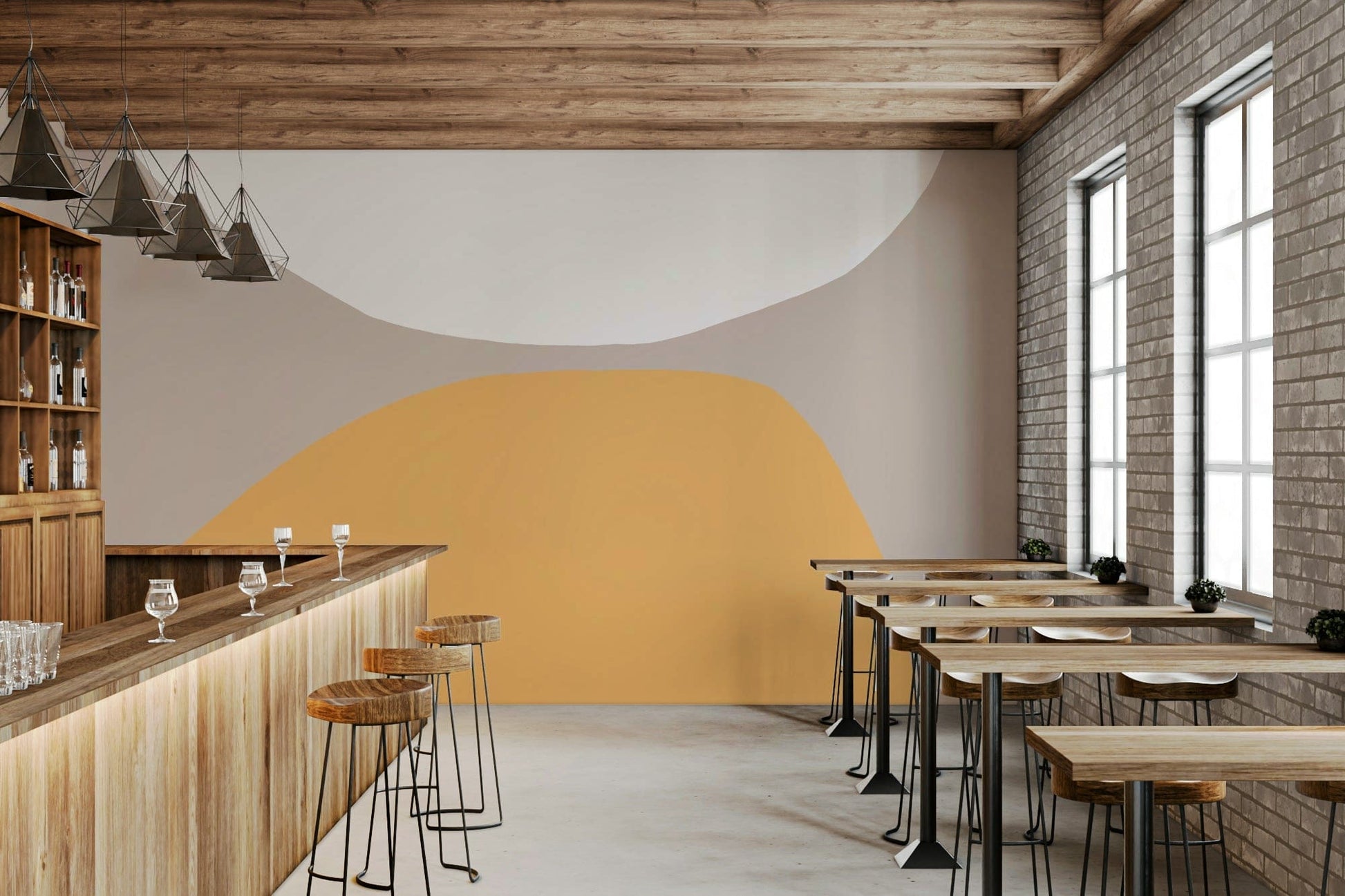 A beautiful abstract curved line wallpaper mural with contrasting colors.