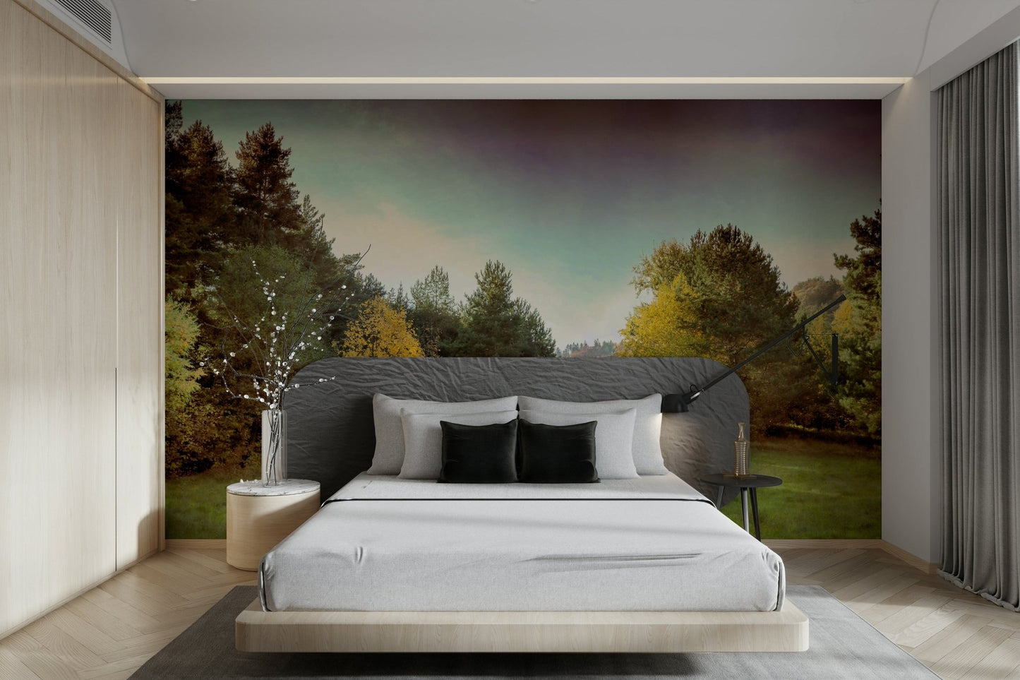 Soft sunlight filters through the tree canopy, creating a peaceful glow.

