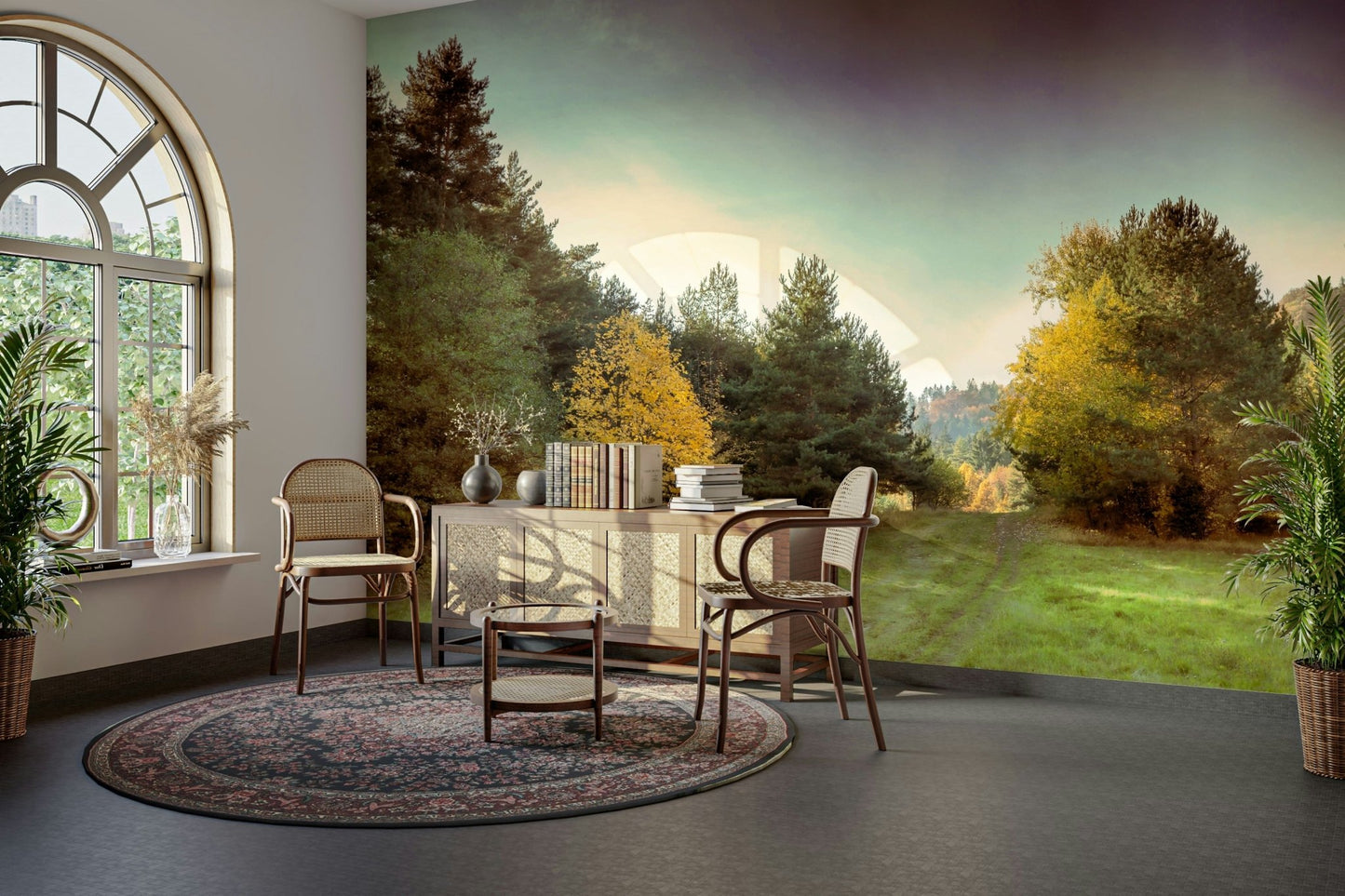 The wallpaper is applied smoothly, making the path seem to continue into the room.

