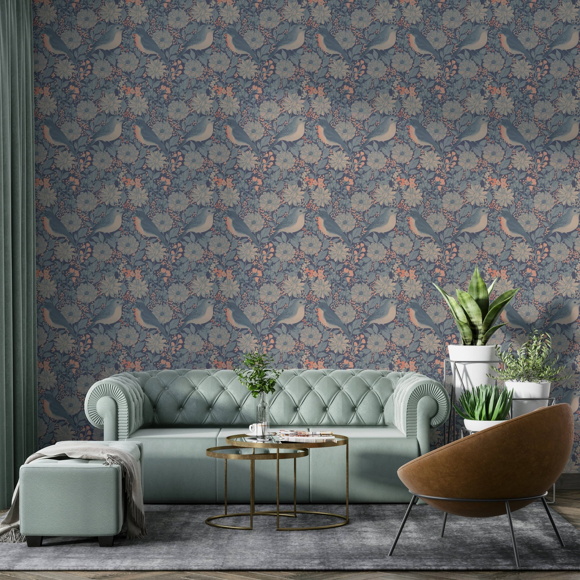 A graceful exotic aviary wall mural in soft, cool tones.

