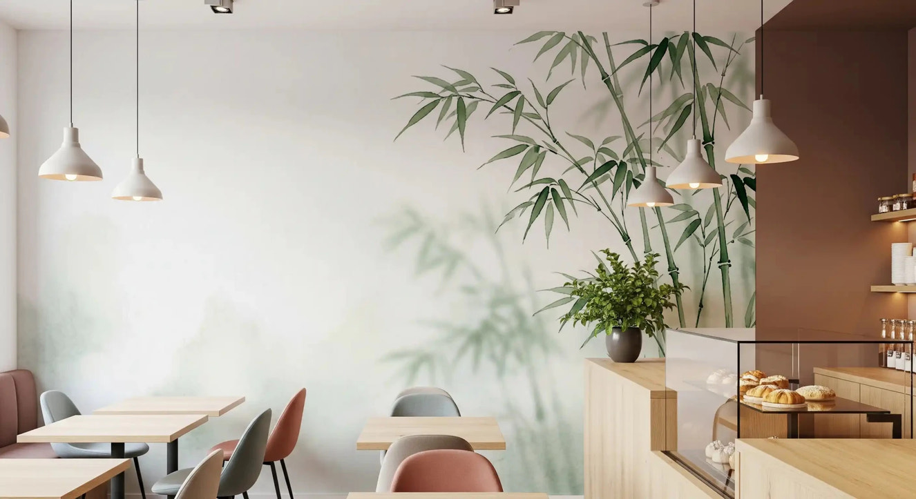 Bamboo wall mural showcasing soft green tones and shadows for restaurants 