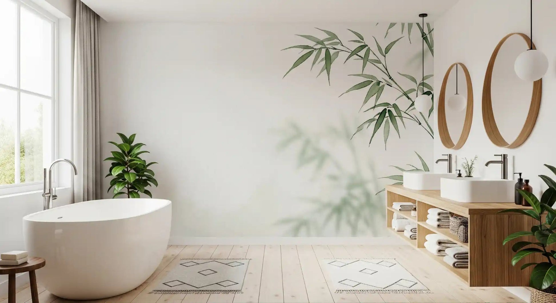 Serene bamboo wall mural with gentle colors for Bathroom.