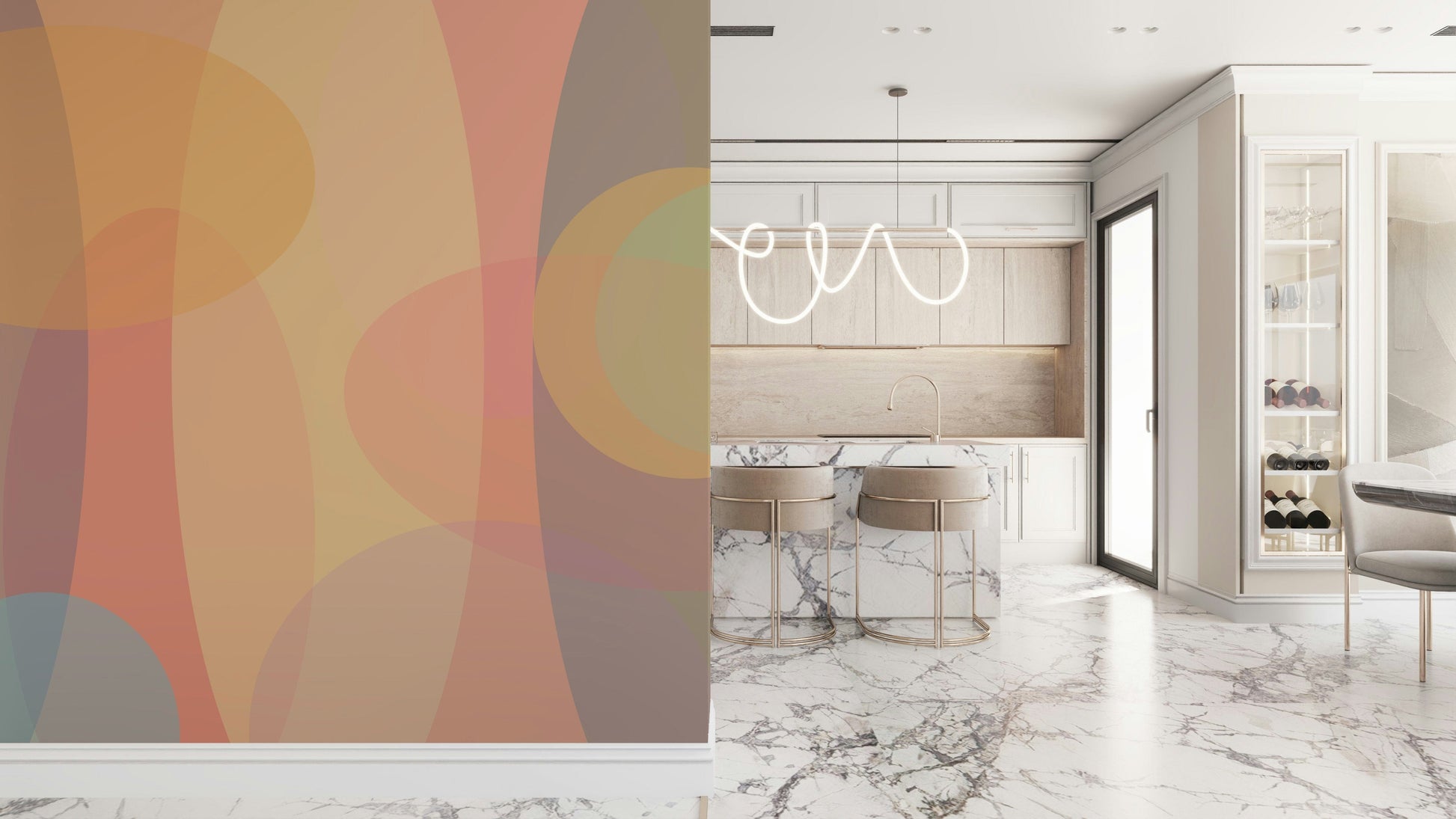 A gentle mix of peach, beige, and muted circles forming a calming blended wallpaper design.