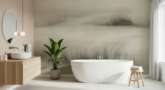 Whispers of Serenity wallpaper mural in misty sage and beige behind a freestanding white tub in a pink bathroom