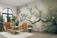 A wall mural of a floral botanical pattern.

