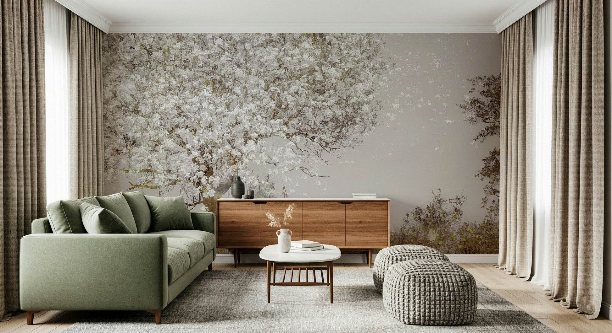 A beautiful wide-angle wall mural of a flowering tree.