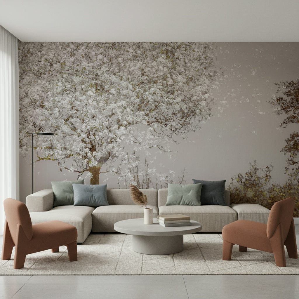 An artistic delicate bloom mural on minimalist wallpaper.