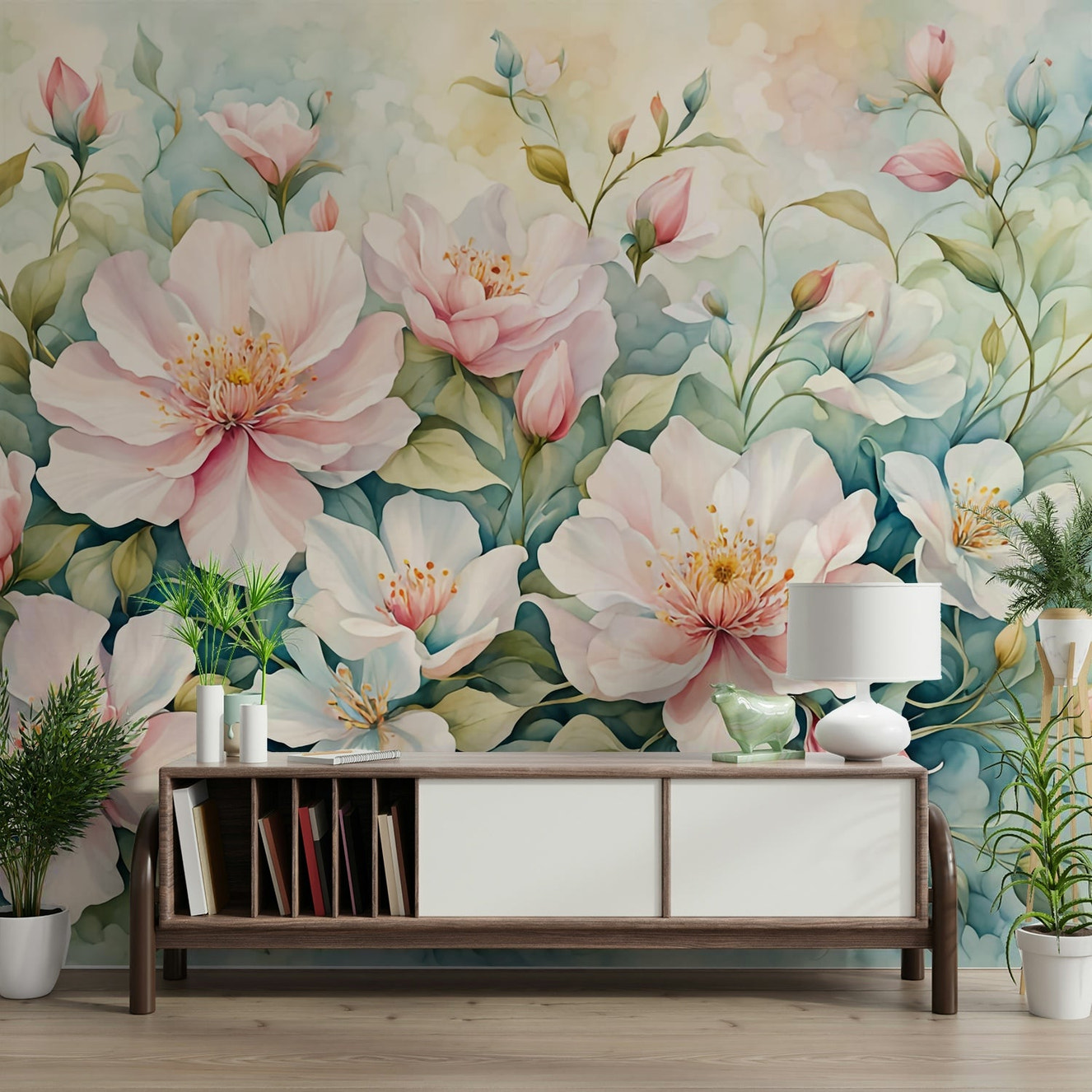 The image shows a peaceful, otherworldly scene with blossoms.

