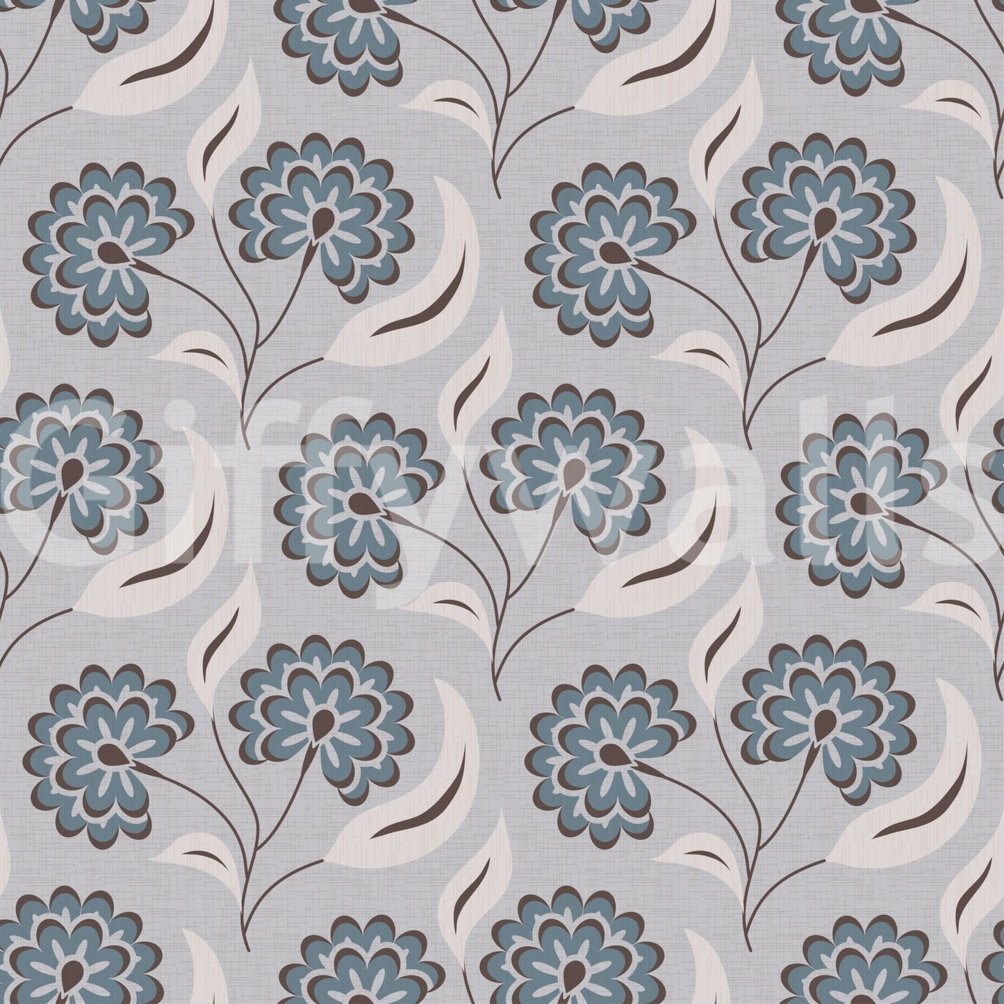Serene Blooms wallpaper close-up showing the blue and cream flower pattern on a soft grey ground