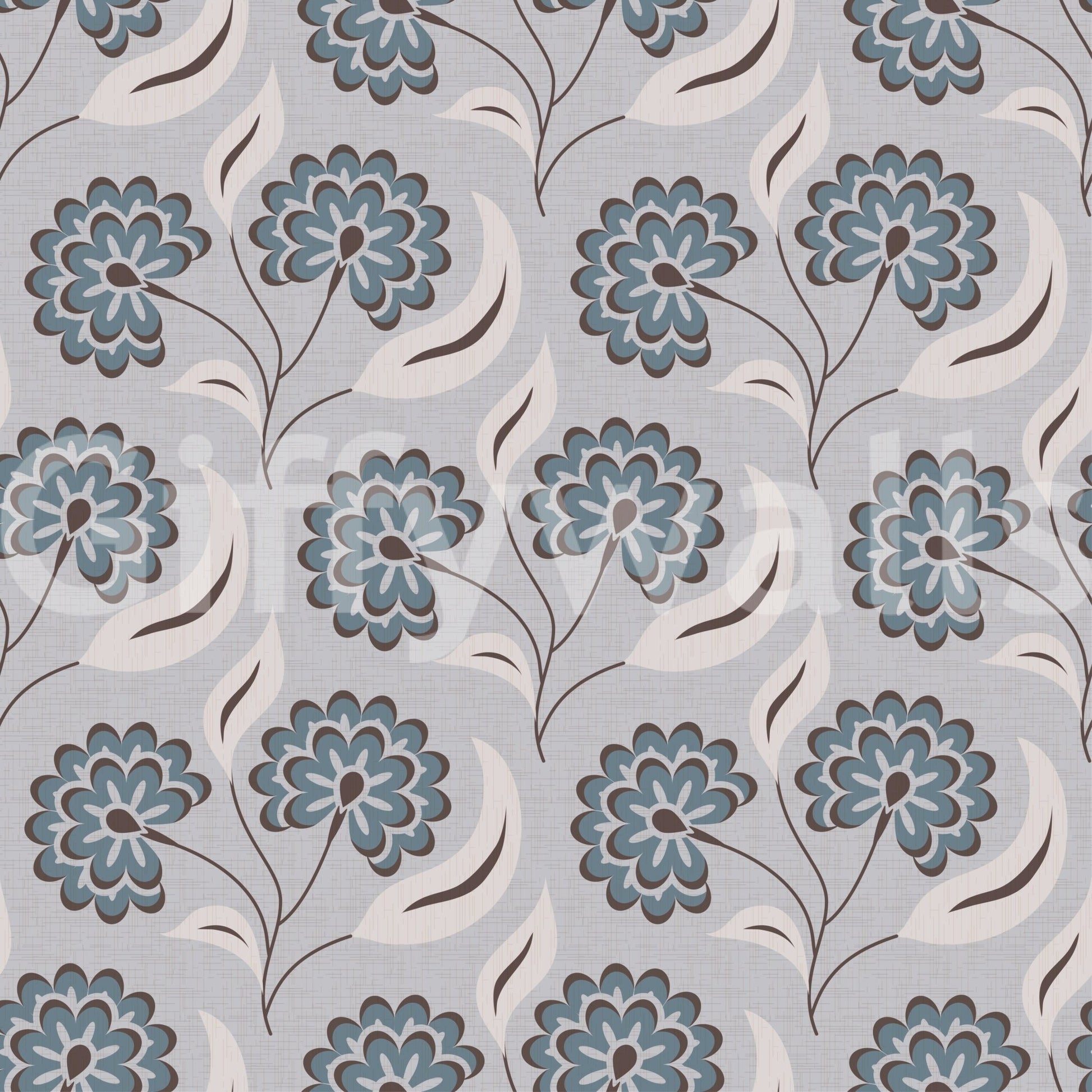 Serene Blooms wallpaper close-up showing the blue and cream flower pattern on a soft grey ground